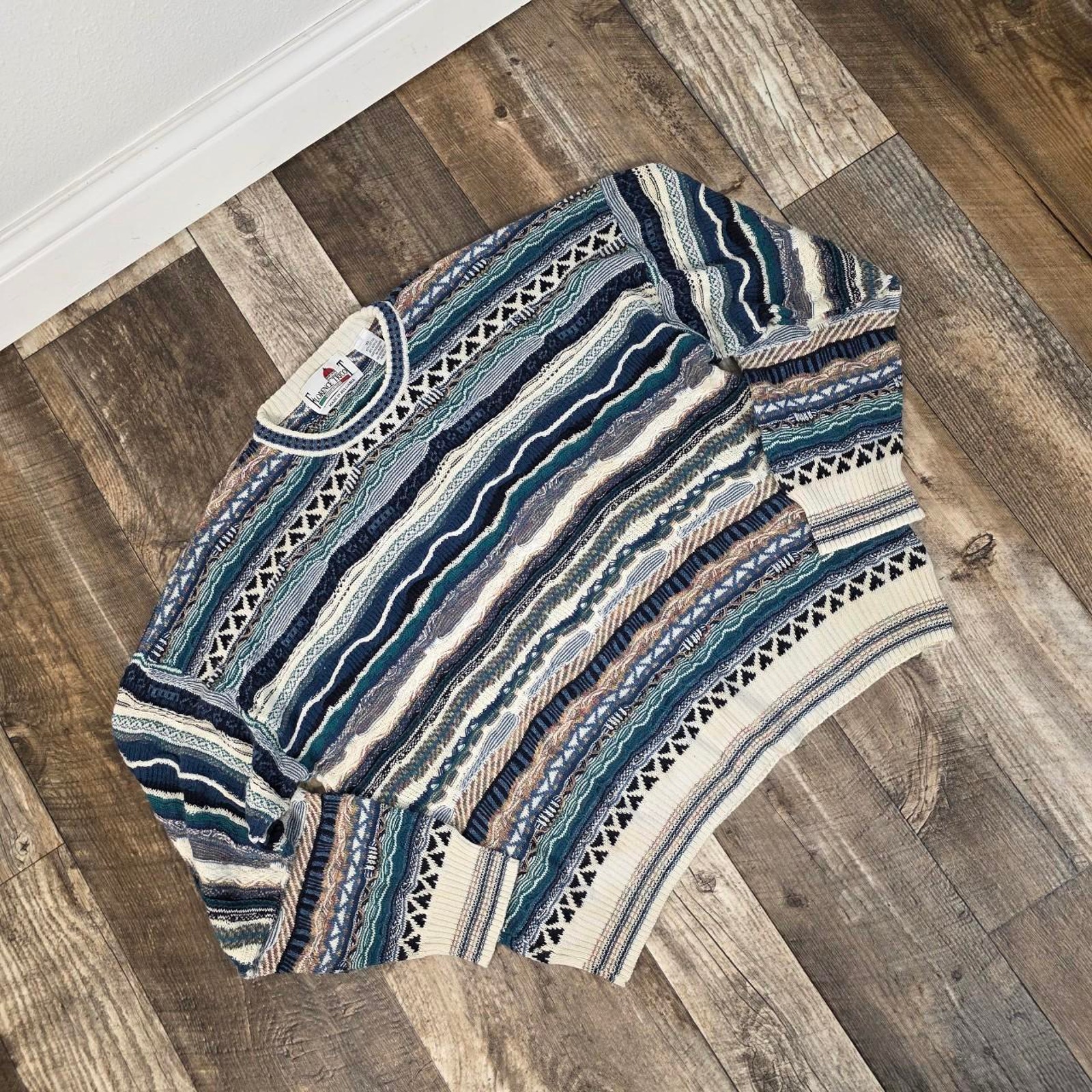 Vintage 90s 3d Knit Multicolor Sweater Florence Trico Size Xl Blue Textured Knit